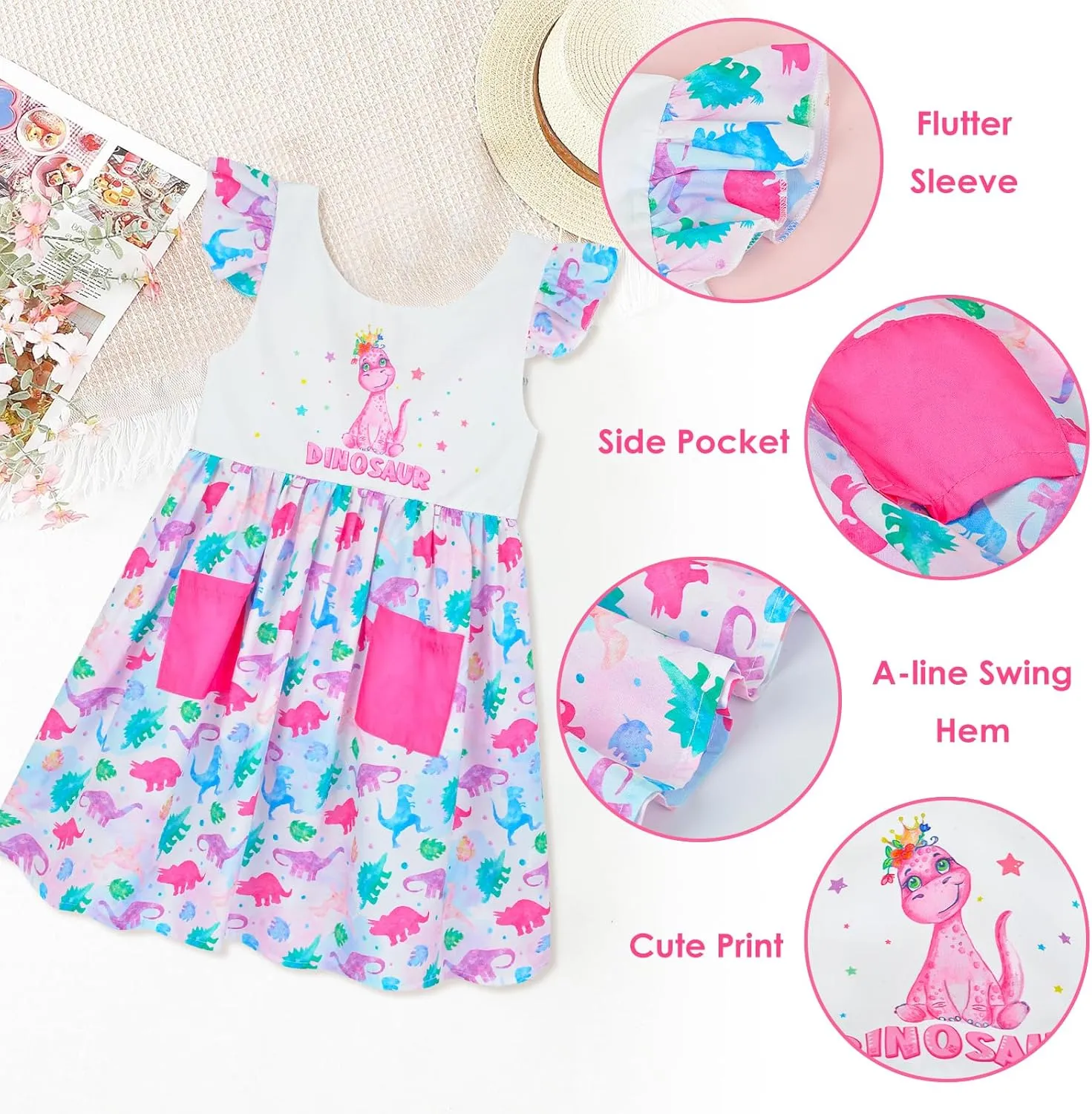 Little Toddler Girls Dress Flutter Sleeve Cute Mermaid Dinosaur Floral Summer Dresses Sundress with Pocket 2-7 Years