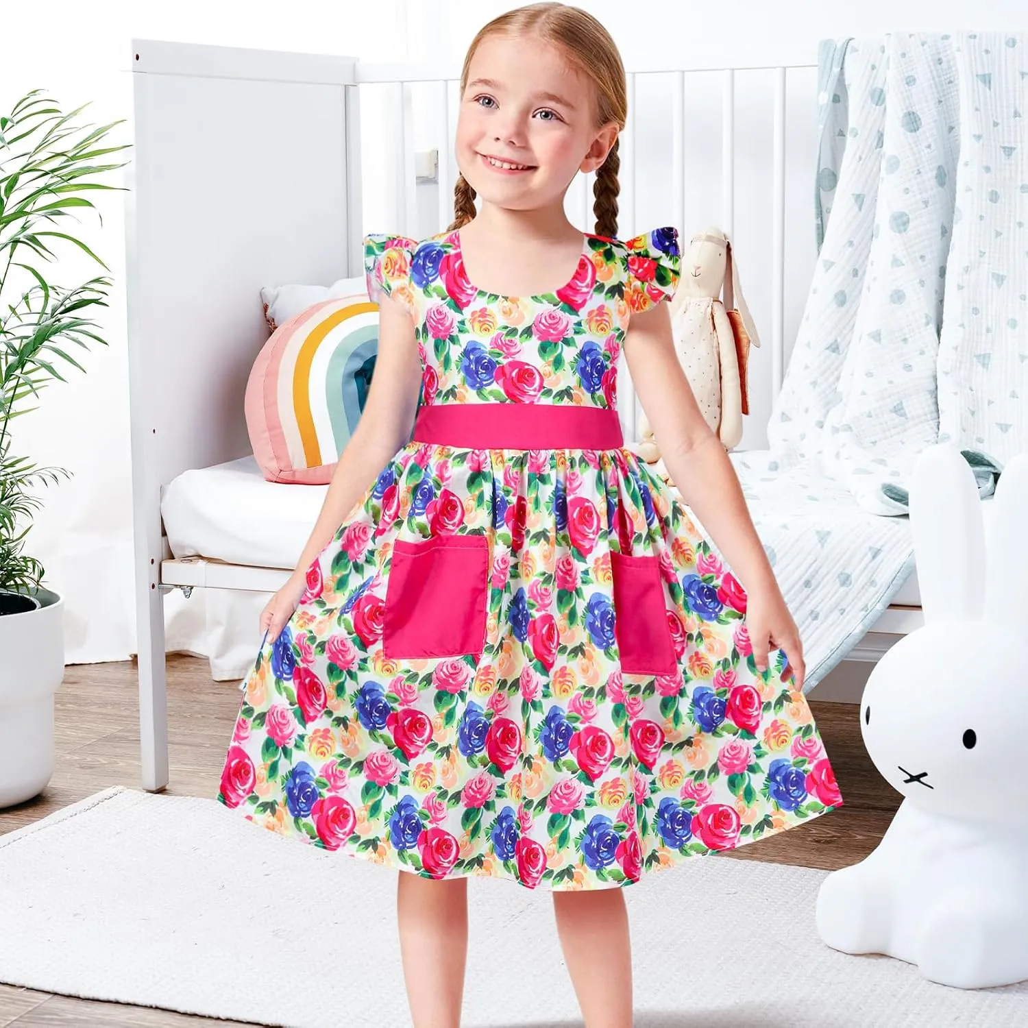 Little Toddler Girls Dress Flutter Sleeve Cute Mermaid Dinosaur Floral Summer Dresses Sundress with Pocket 2-7 Years