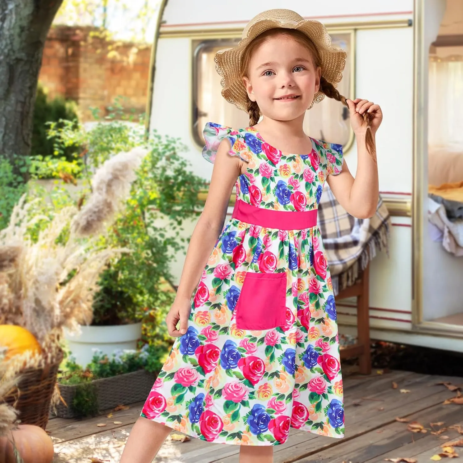Little Toddler Girls Dress Flutter Sleeve Cute Mermaid Dinosaur Floral Summer Dresses Sundress with Pocket 2-7 Years