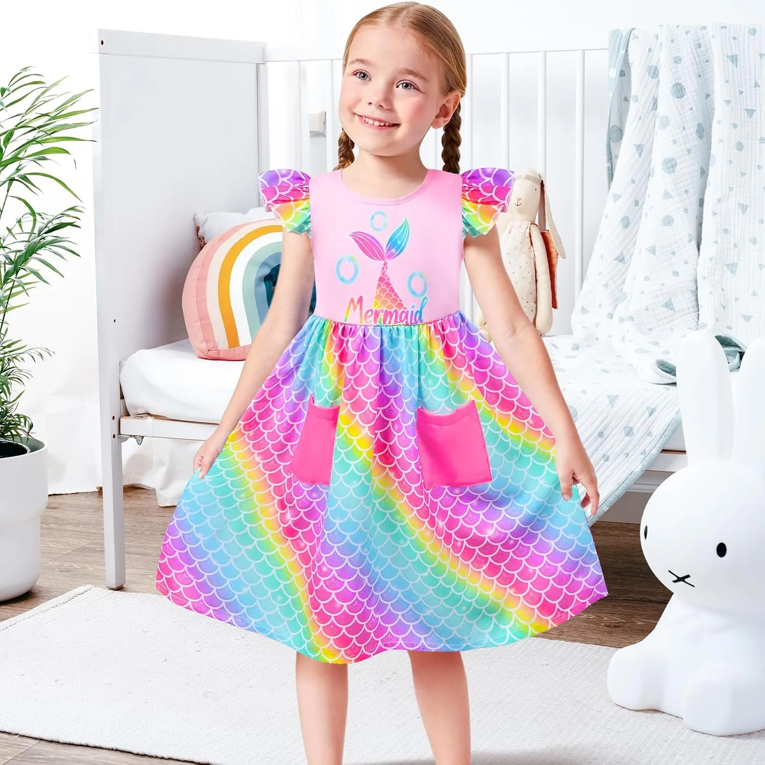 Little Toddler Girls Dress Flutter Sleeve Cute Mermaid Dinosaur Floral Summer Dresses Sundress with Pocket 2-7 Years