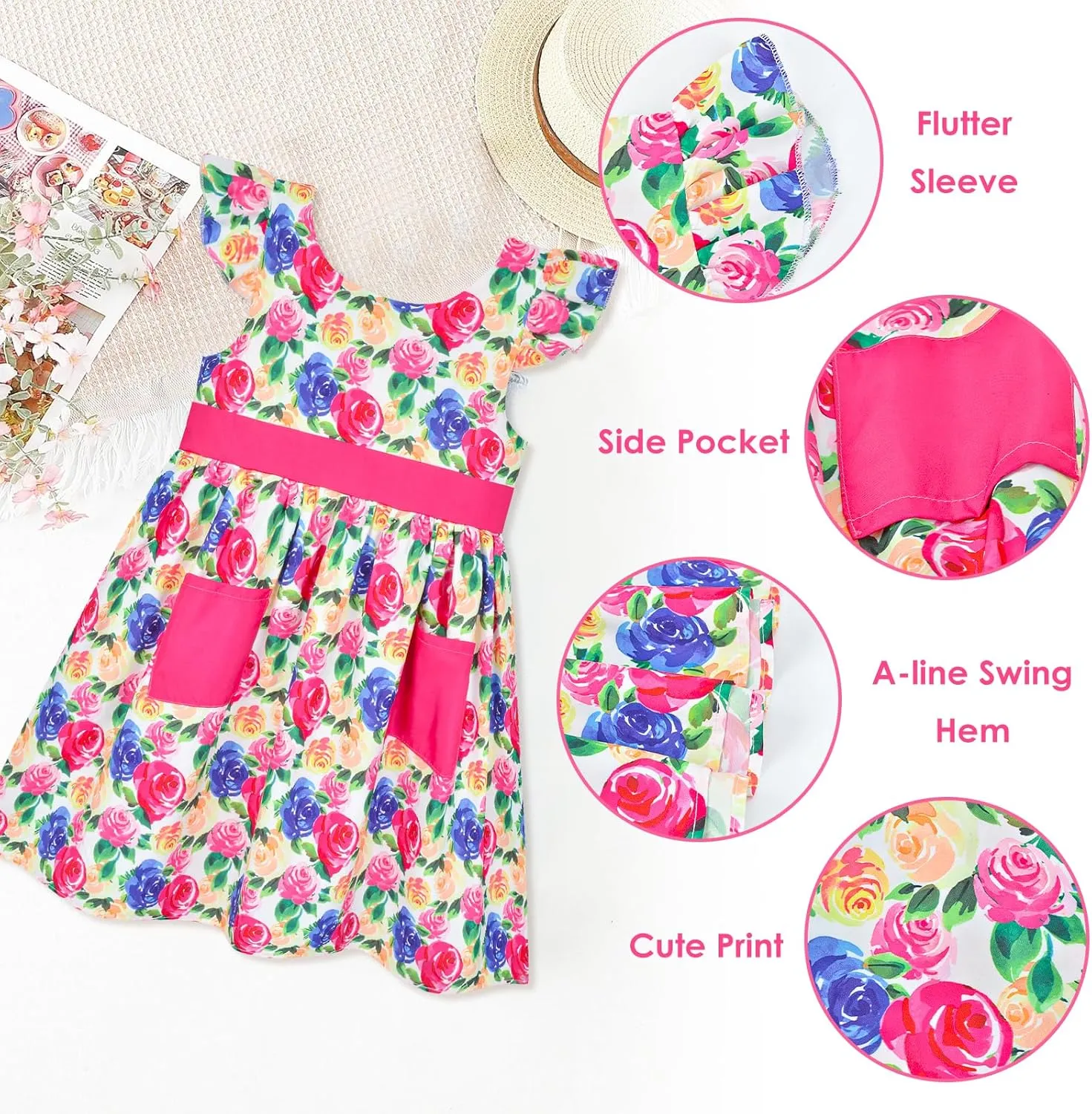Little Toddler Girls Dress Flutter Sleeve Cute Mermaid Dinosaur Floral Summer Dresses Sundress with Pocket 2-7 Years