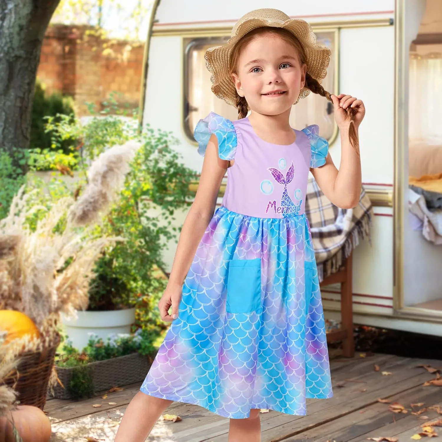 Little Toddler Girls Dress Flutter Sleeve Cute Mermaid Dinosaur Floral Summer Dresses Sundress with Pocket 2-7 Years