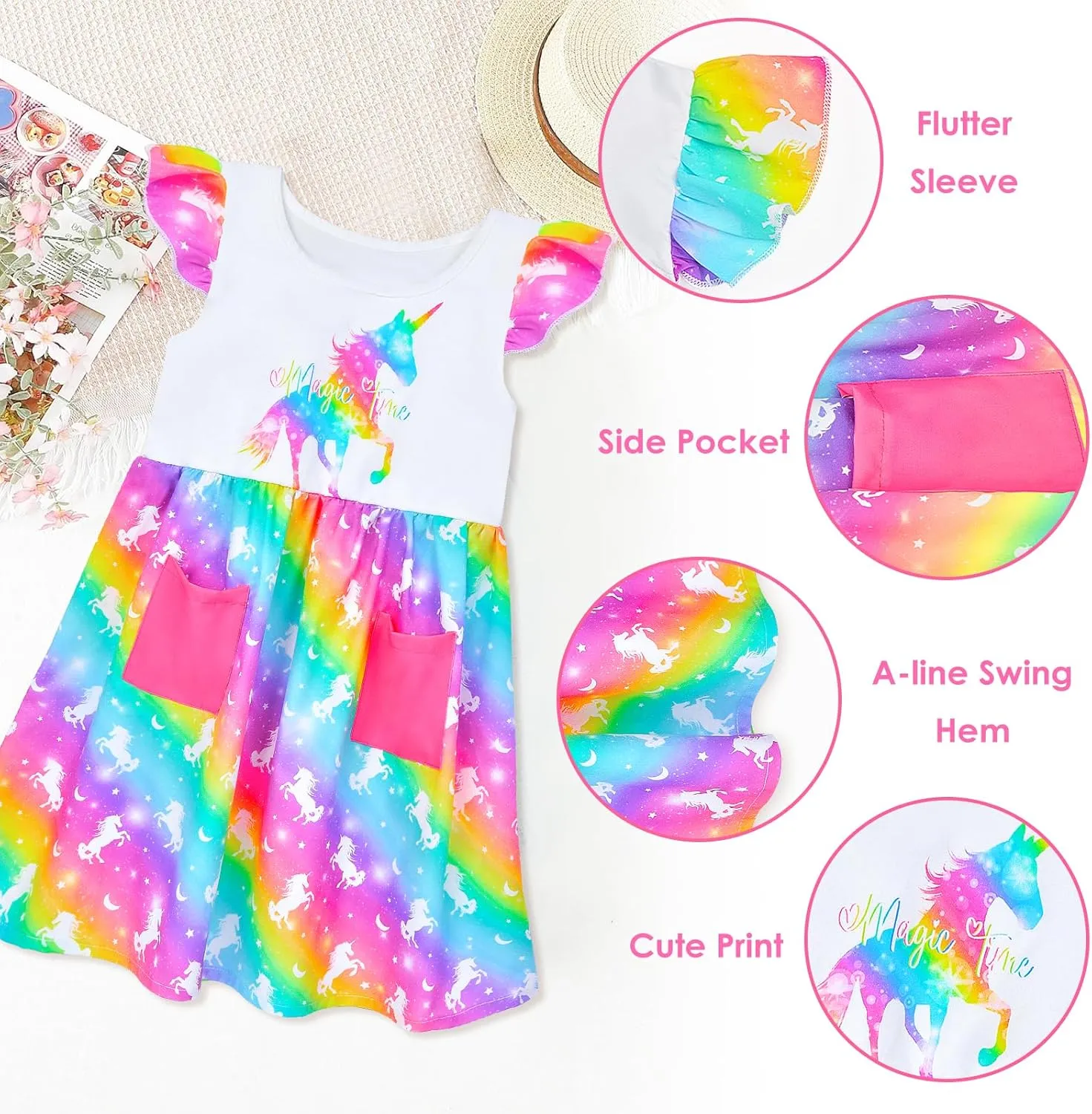 Little Toddler Girls Dress Flutter Sleeve Cute Mermaid Dinosaur Floral Summer Dresses Sundress with Pocket 2-7 Years