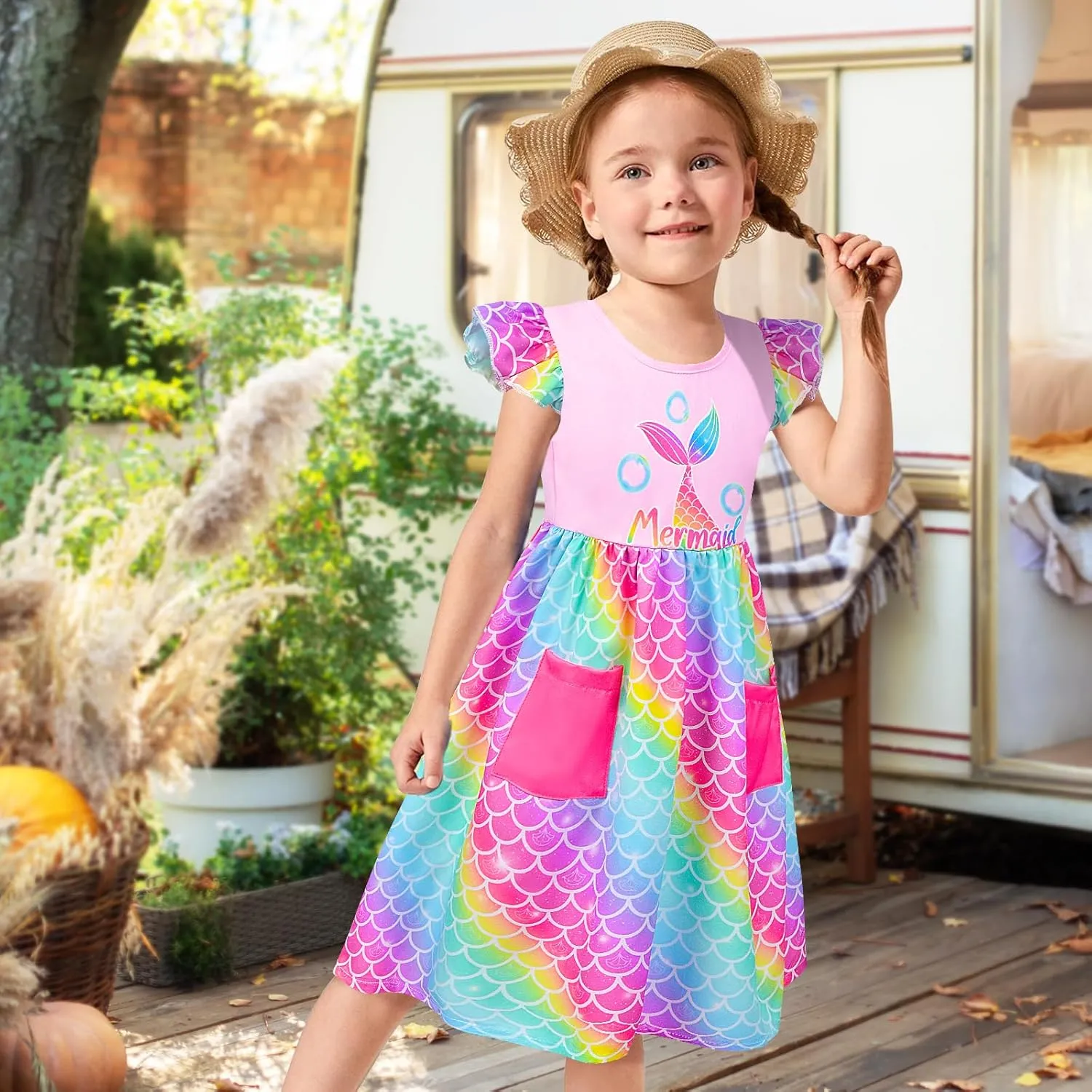 Little Toddler Girls Dress Flutter Sleeve Cute Mermaid Dinosaur Floral Summer Dresses Sundress with Pocket 2-7 Years