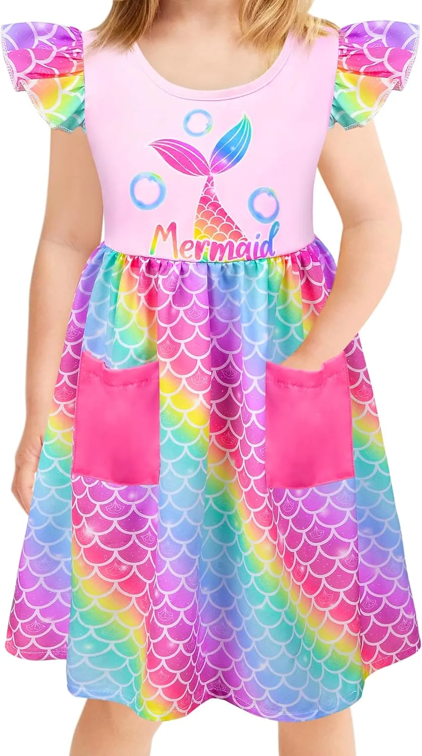 Little Toddler Girls Dress Flutter Sleeve Cute Mermaid Dinosaur Floral Summer Dresses Sundress with Pocket 2-7 Years