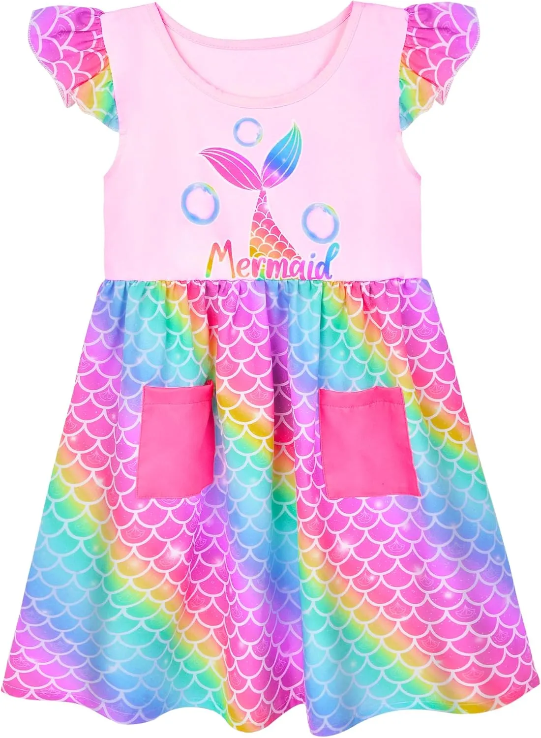 Little Toddler Girls Dress Flutter Sleeve Cute Mermaid Dinosaur Floral Summer Dresses Sundress with Pocket 2-7 Years