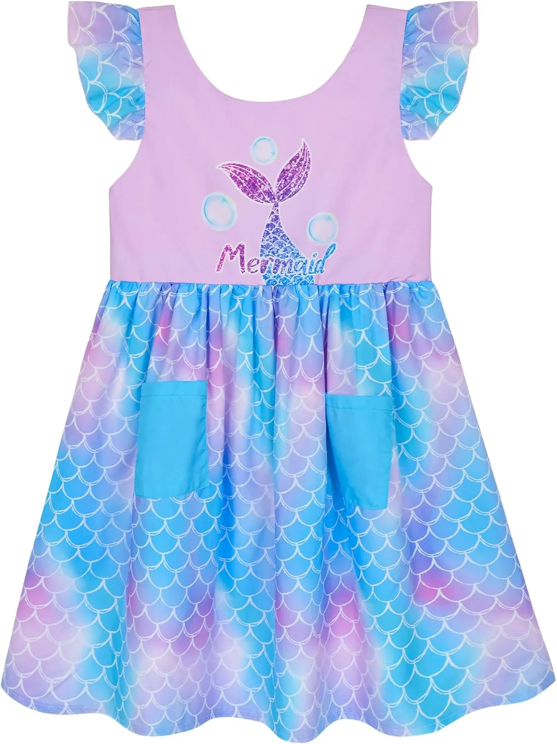 Little Toddler Girls Dress Flutter Sleeve Cute Mermaid Dinosaur Floral Summer Dresses Sundress with Pocket 2-7 Years