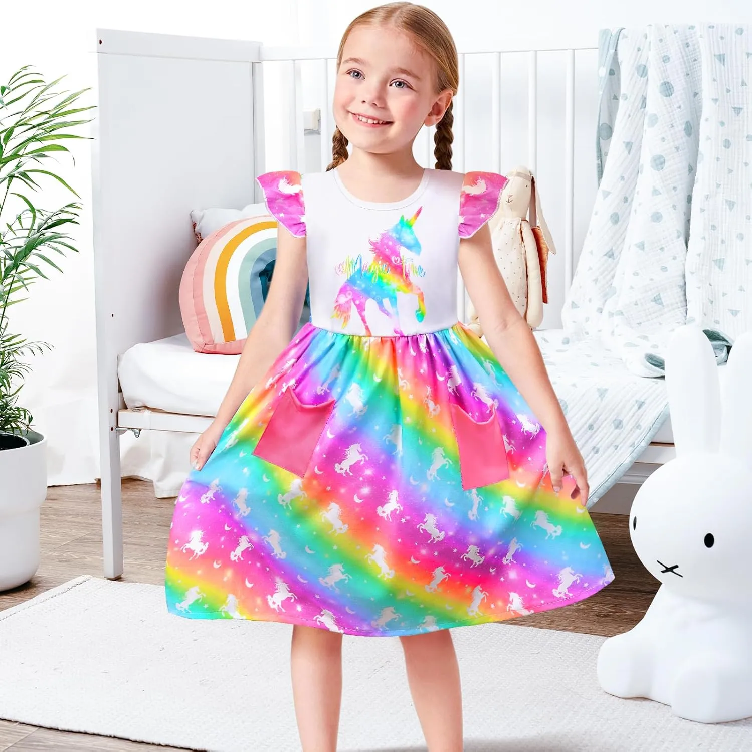 Little Toddler Girls Dress Flutter Sleeve Cute Mermaid Dinosaur Floral Summer Dresses Sundress with Pocket 2-7 Years