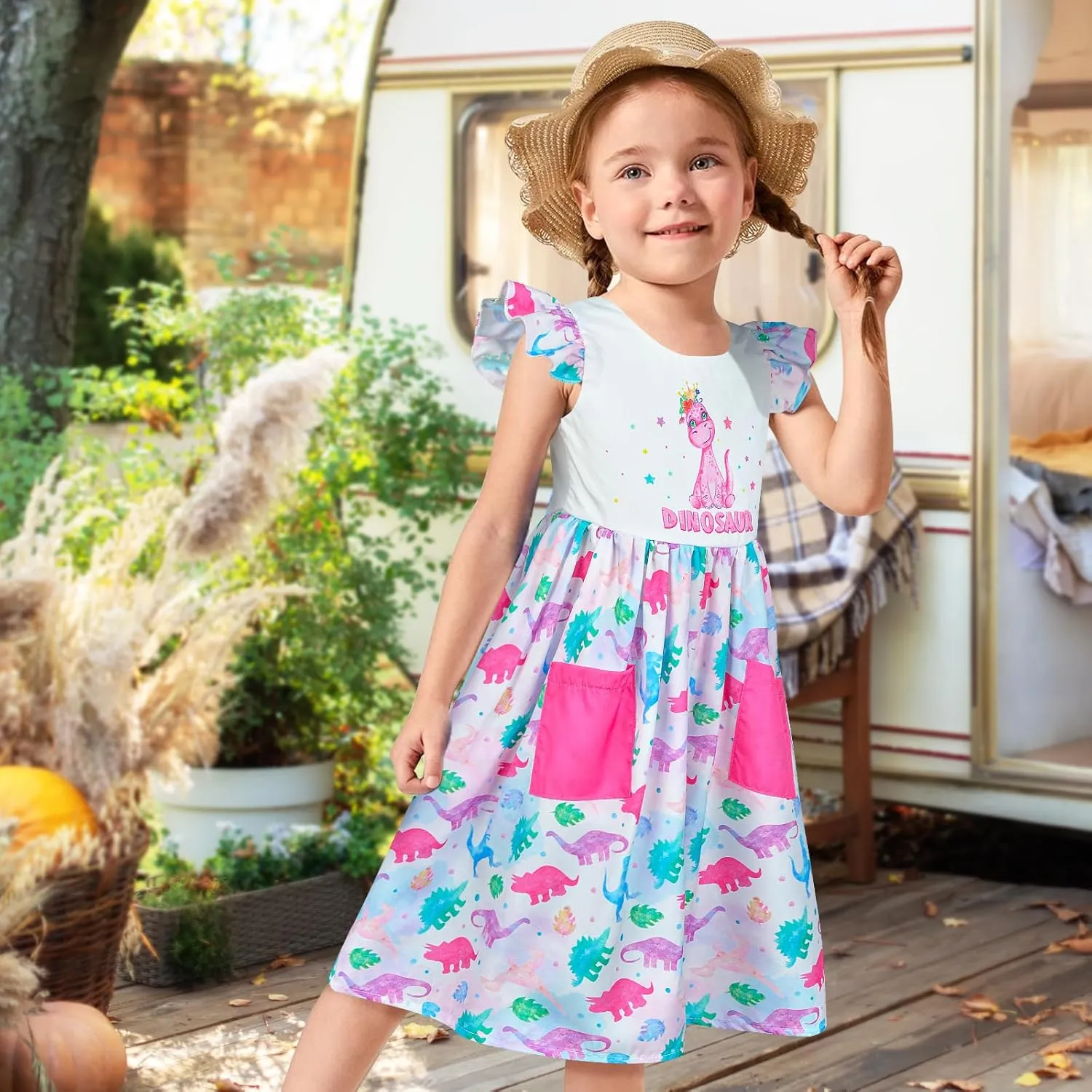 Little Toddler Girls Dress Flutter Sleeve Cute Mermaid Dinosaur Floral Summer Dresses Sundress with Pocket 2-7 Years