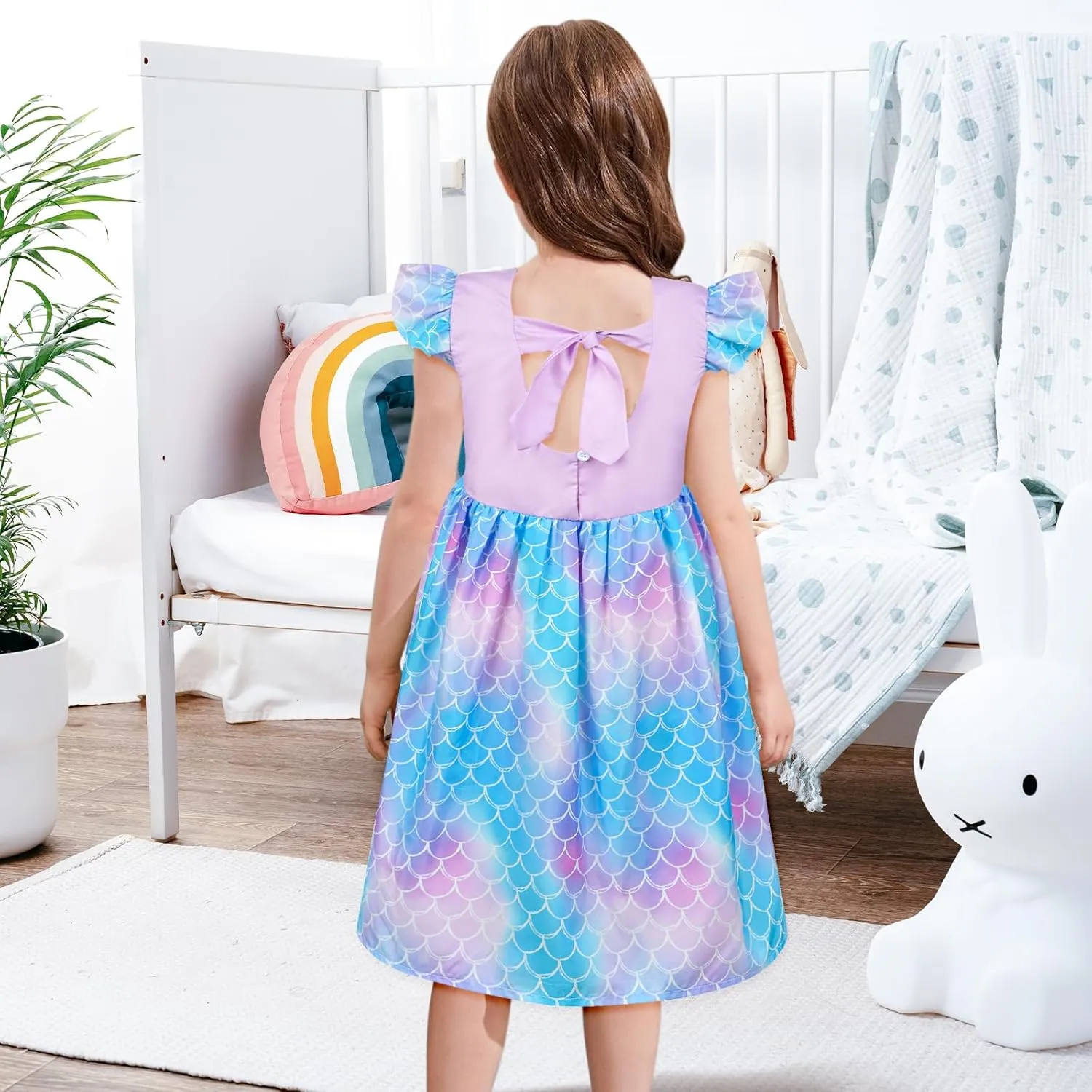 Little Toddler Girls Dress Flutter Sleeve Cute Mermaid Dinosaur Floral Summer Dresses Sundress with Pocket 2-7 Years