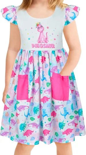 Little Toddler Girls Dress Flutter Sleeve Cute Mermaid Dinosaur Floral Summer Dresses Sundress with Pocket 2-7 Years