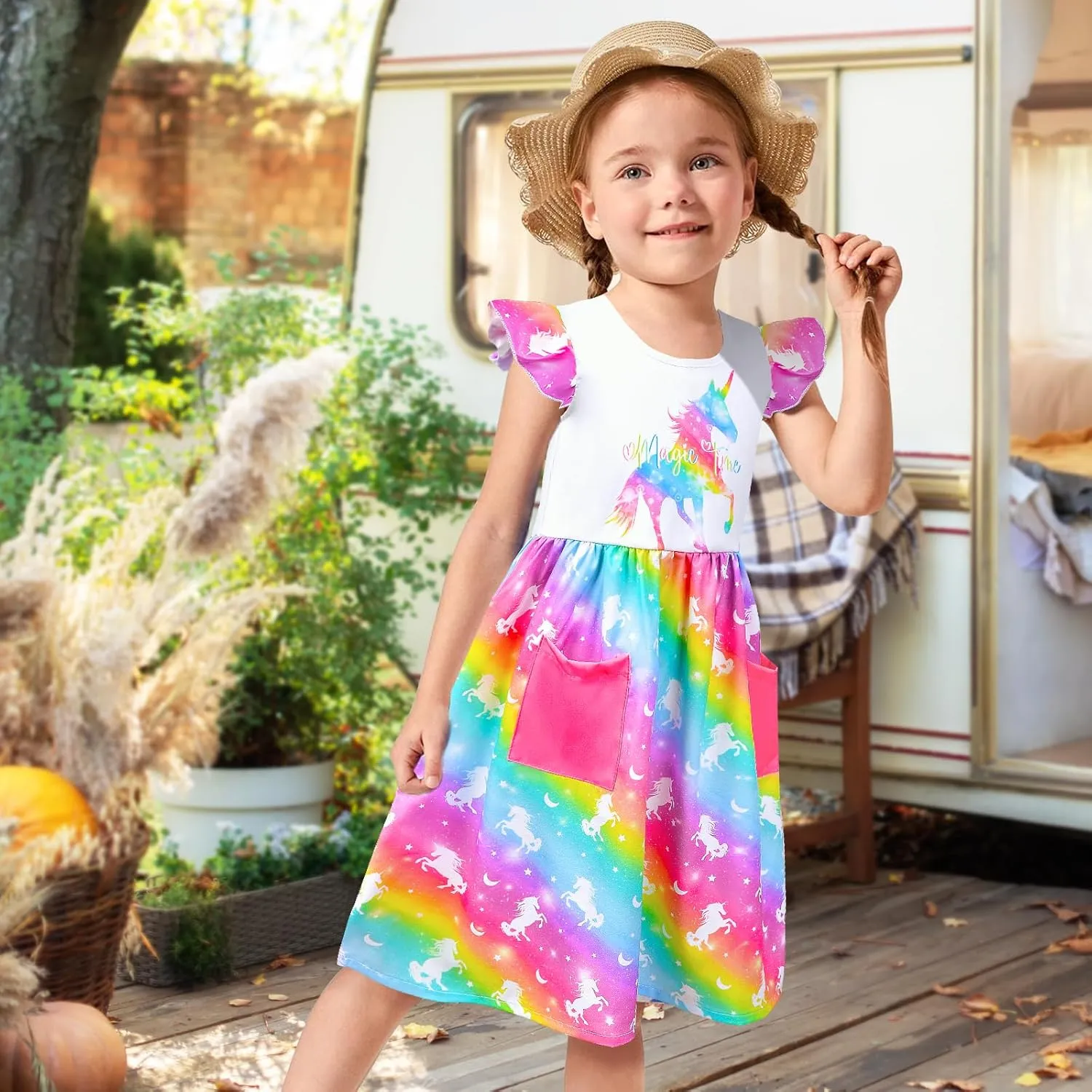 Little Toddler Girls Dress Flutter Sleeve Cute Mermaid Dinosaur Floral Summer Dresses Sundress with Pocket 2-7 Years