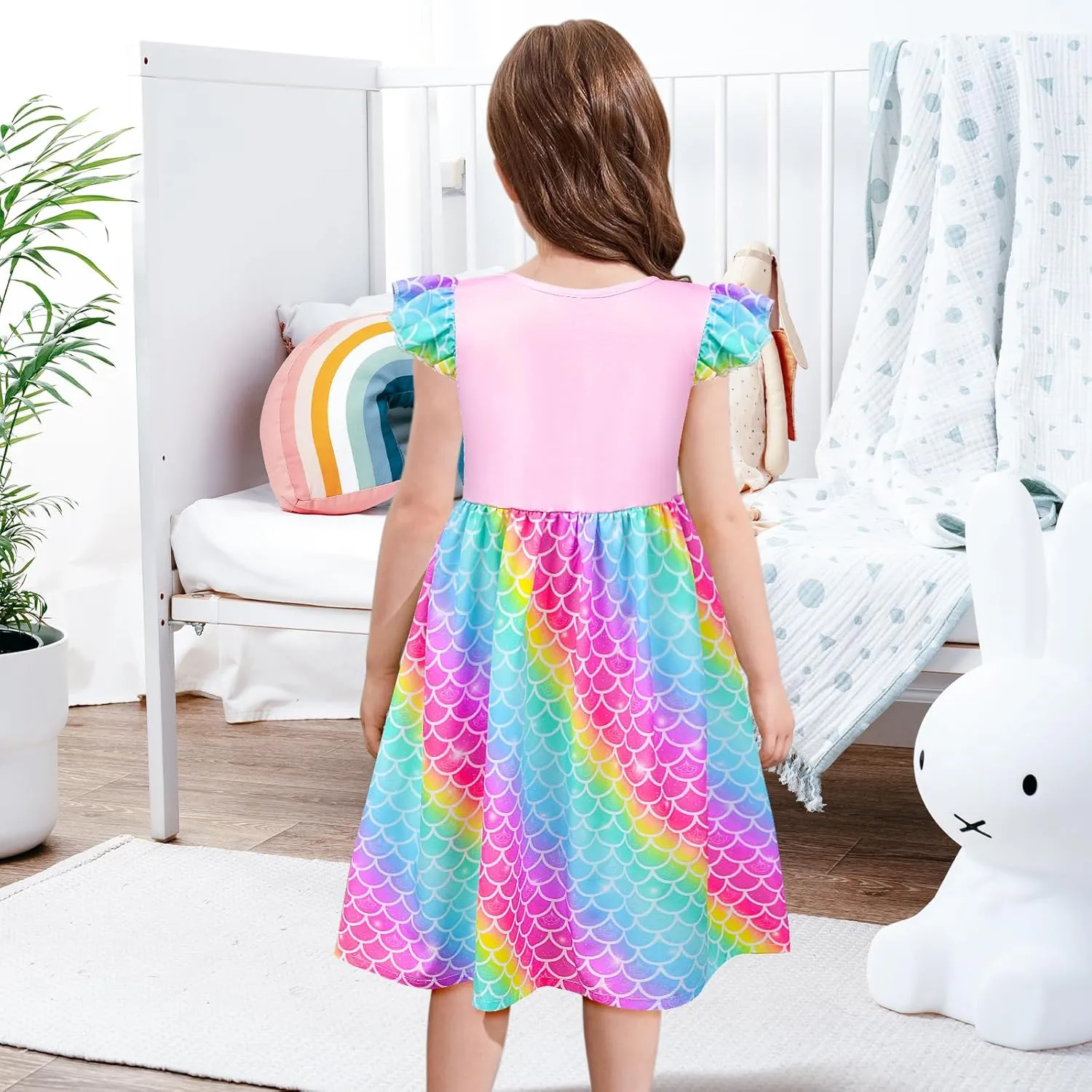 Little Toddler Girls Dress Flutter Sleeve Cute Mermaid Dinosaur Floral Summer Dresses Sundress with Pocket 2-7 Years