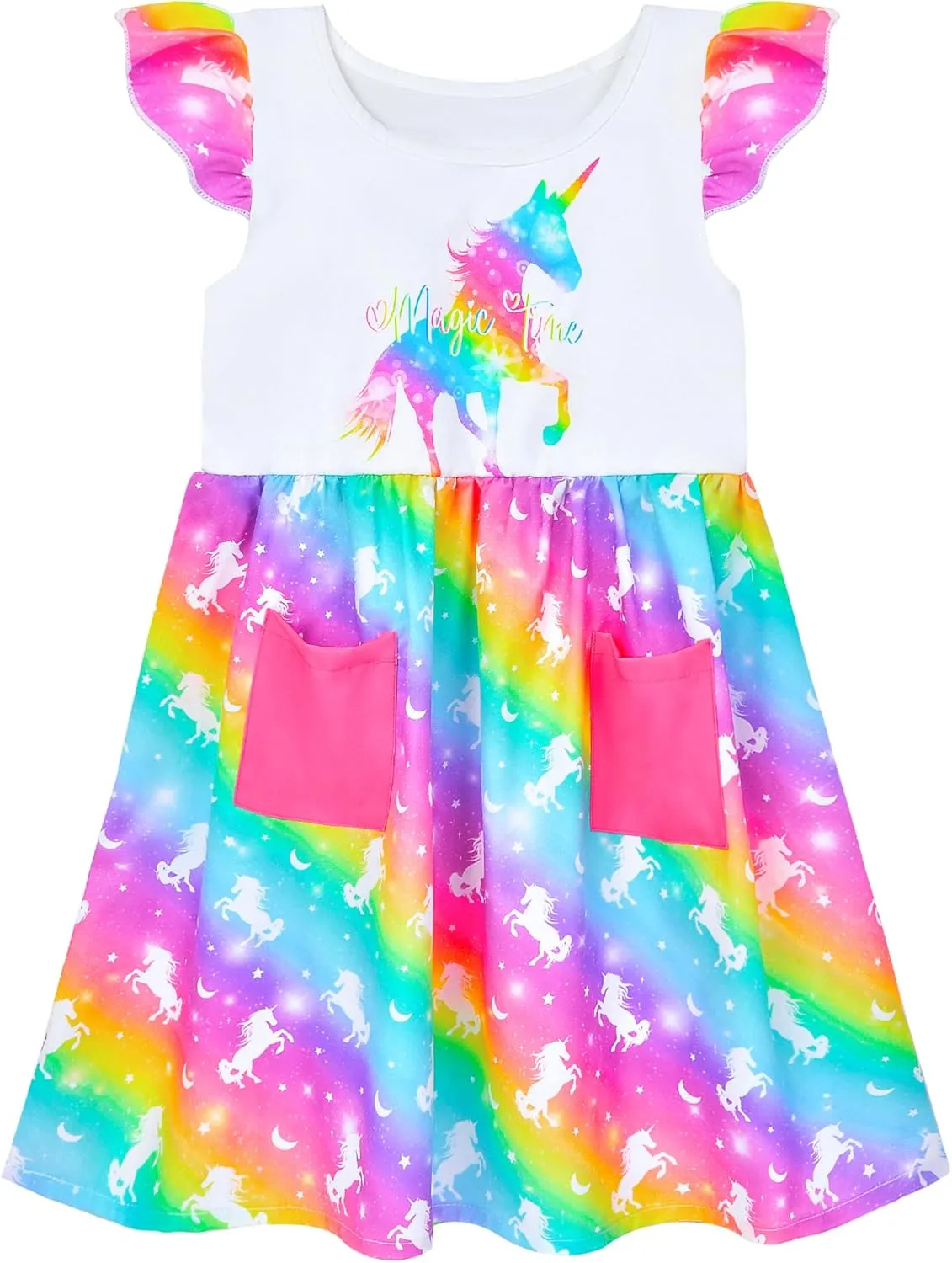 Little Toddler Girls Dress Flutter Sleeve Cute Mermaid Dinosaur Floral Summer Dresses Sundress with Pocket 2-7 Years