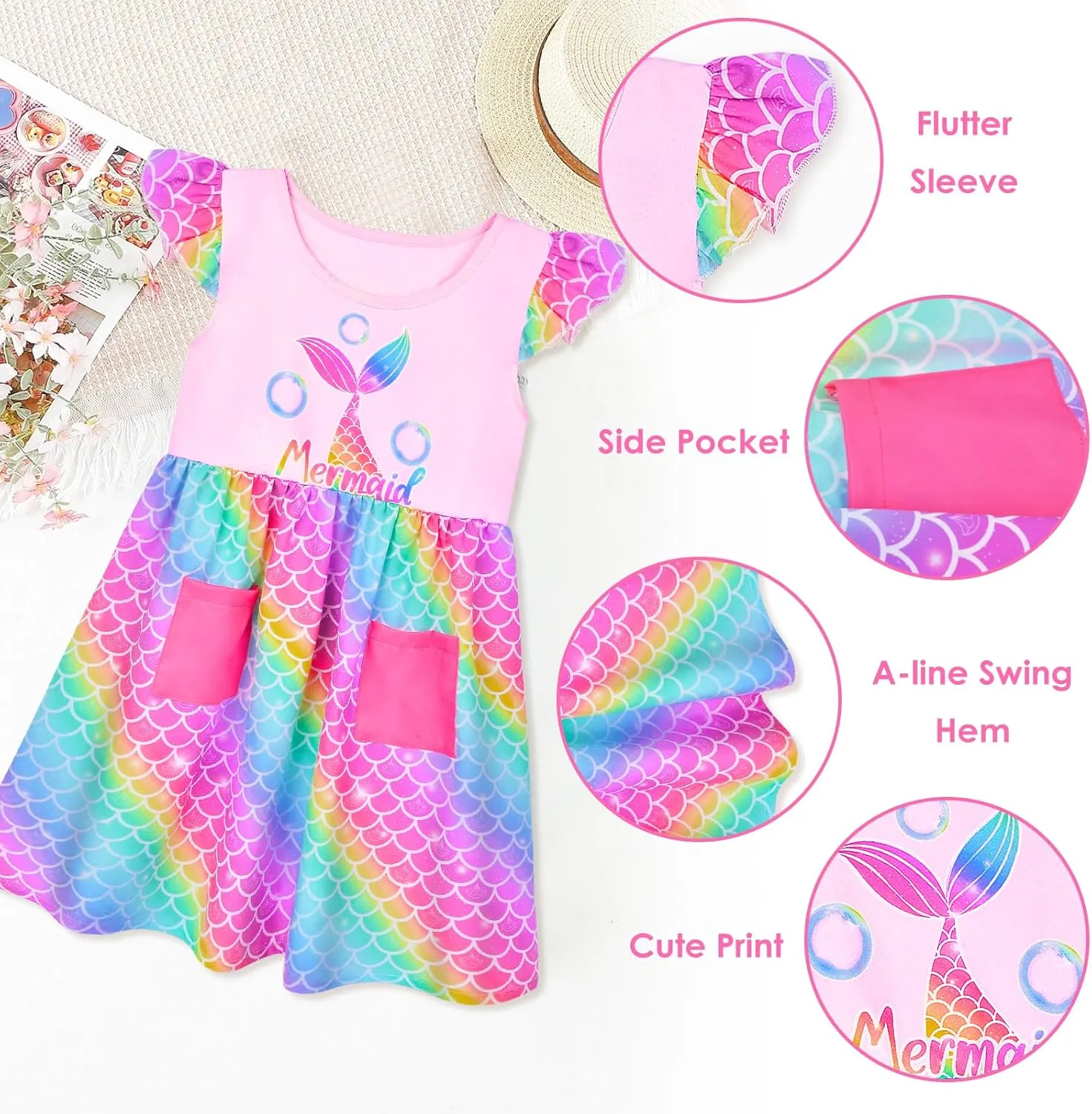 Little Toddler Girls Dress Flutter Sleeve Cute Mermaid Dinosaur Floral Summer Dresses Sundress with Pocket 2-7 Years