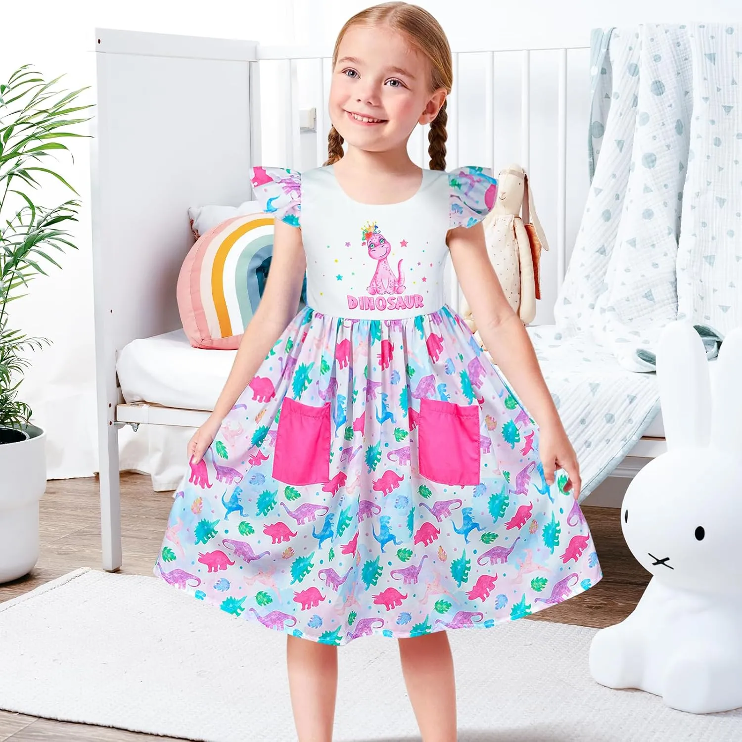 Little Toddler Girls Dress Flutter Sleeve Cute Mermaid Dinosaur Floral Summer Dresses Sundress with Pocket 2-7 Years