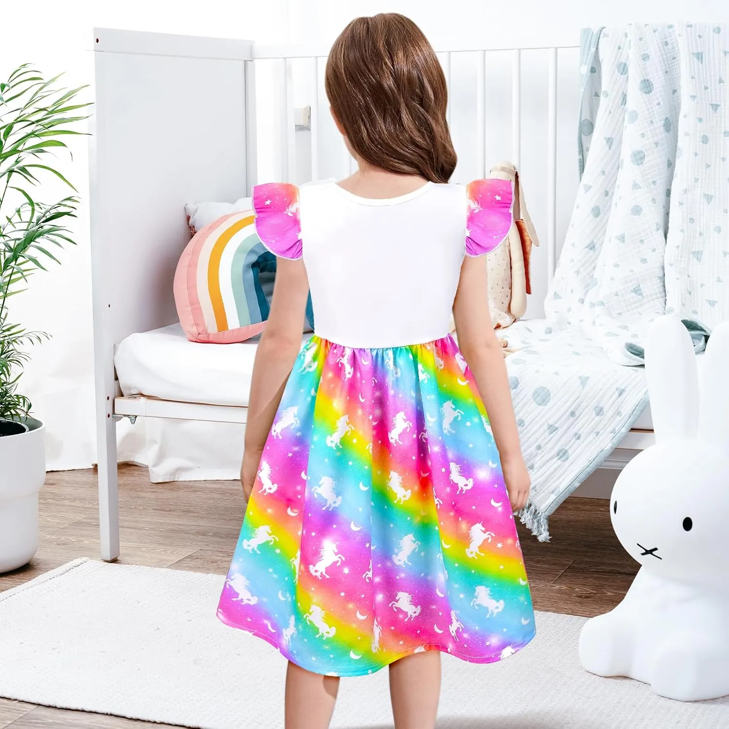 Little Toddler Girls Dress Flutter Sleeve Cute Mermaid Dinosaur Floral Summer Dresses Sundress with Pocket 2-7 Years