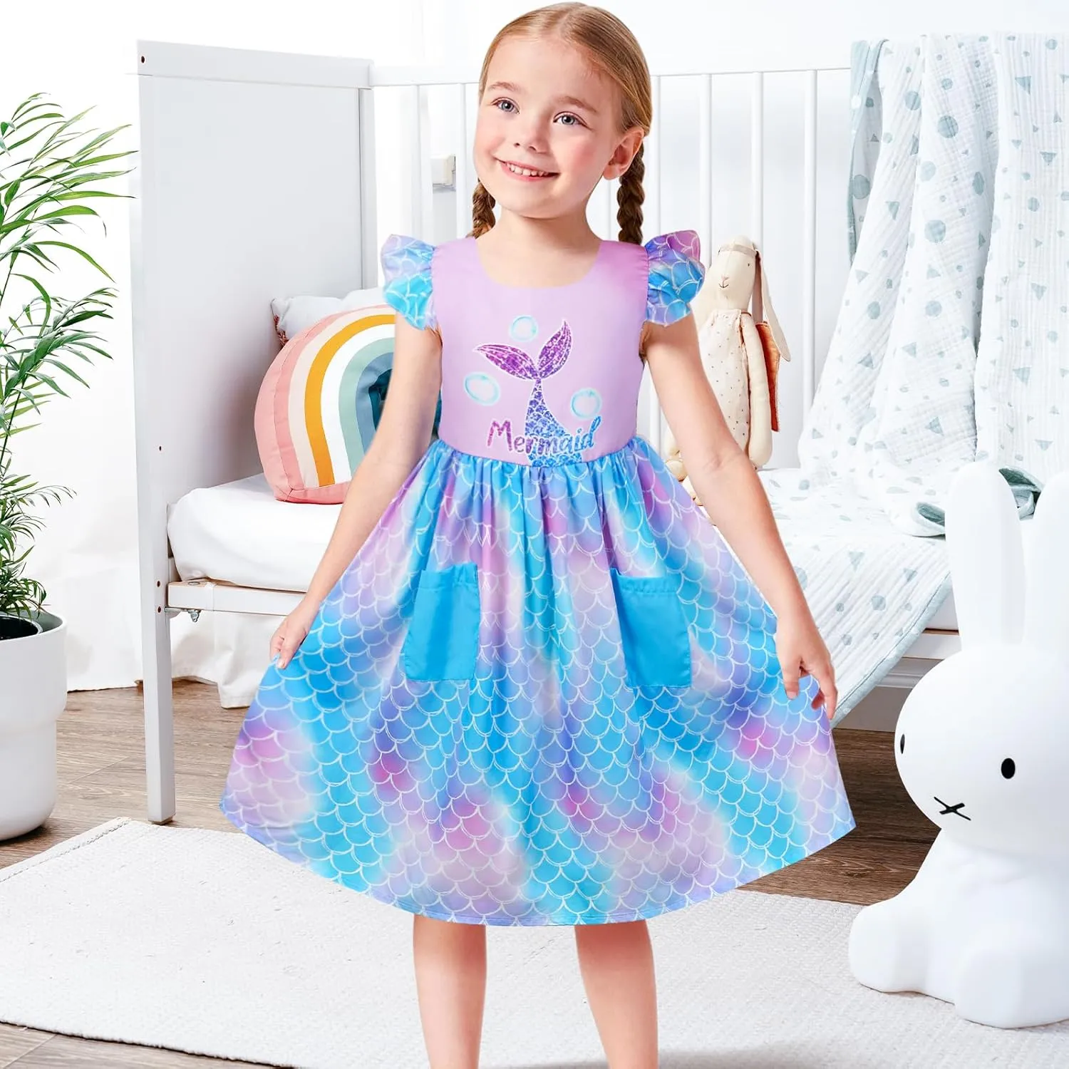Little Toddler Girls Dress Flutter Sleeve Cute Mermaid Dinosaur Floral Summer Dresses Sundress with Pocket 2-7 Years