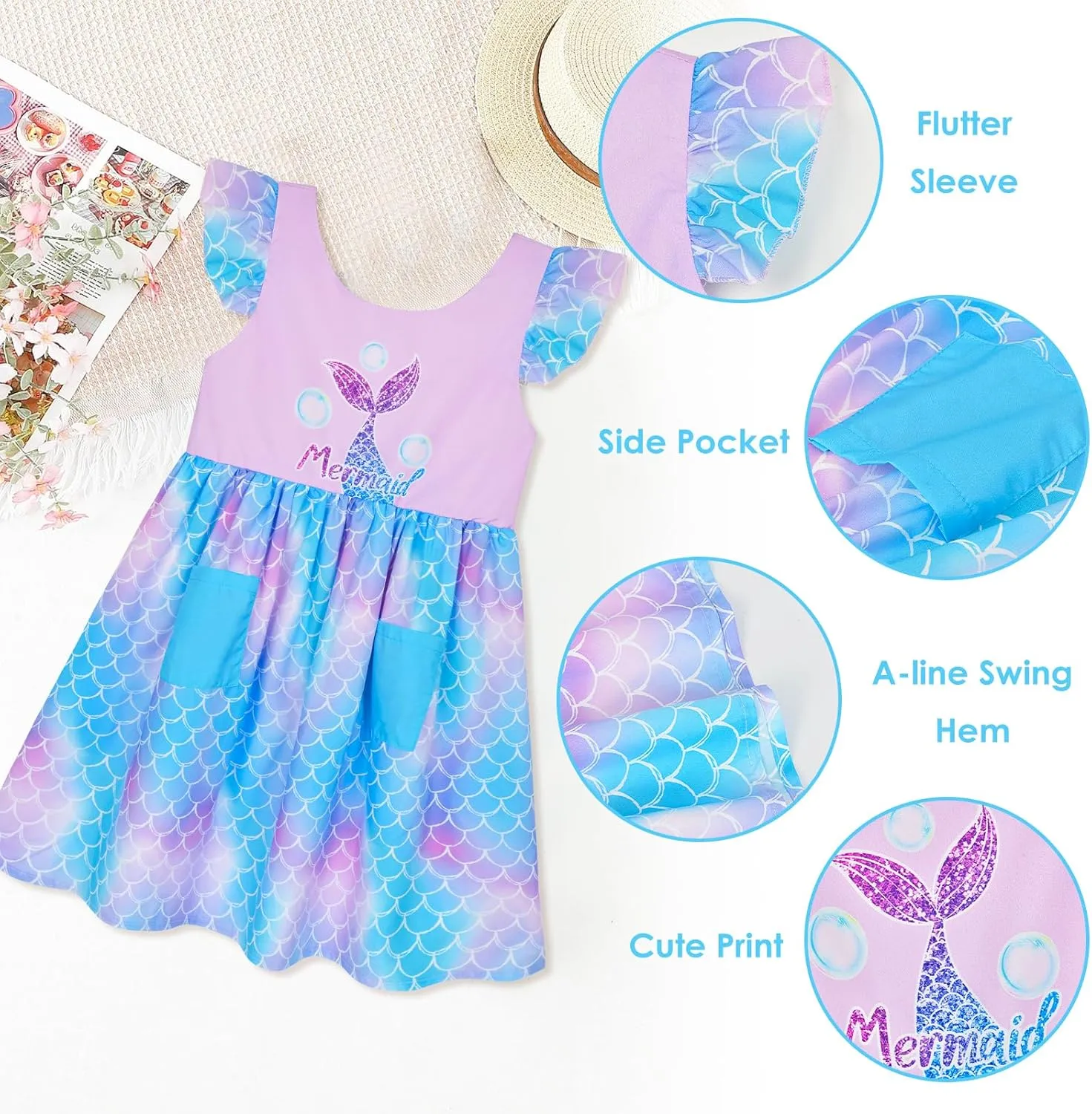 Little Toddler Girls Dress Flutter Sleeve Cute Mermaid Dinosaur Floral Summer Dresses Sundress with Pocket 2-7 Years