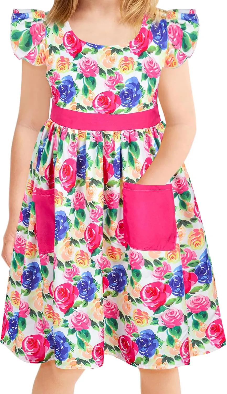 Little Toddler Girls Dress Flutter Sleeve Cute Mermaid Dinosaur Floral Summer Dresses Sundress with Pocket 2-7 Years