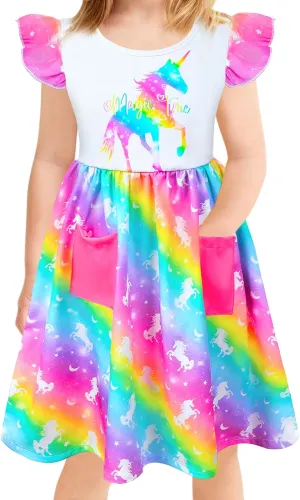 Little Toddler Girls Dress Flutter Sleeve Cute Mermaid Dinosaur Floral Summer Dresses Sundress with Pocket 2-7 Years