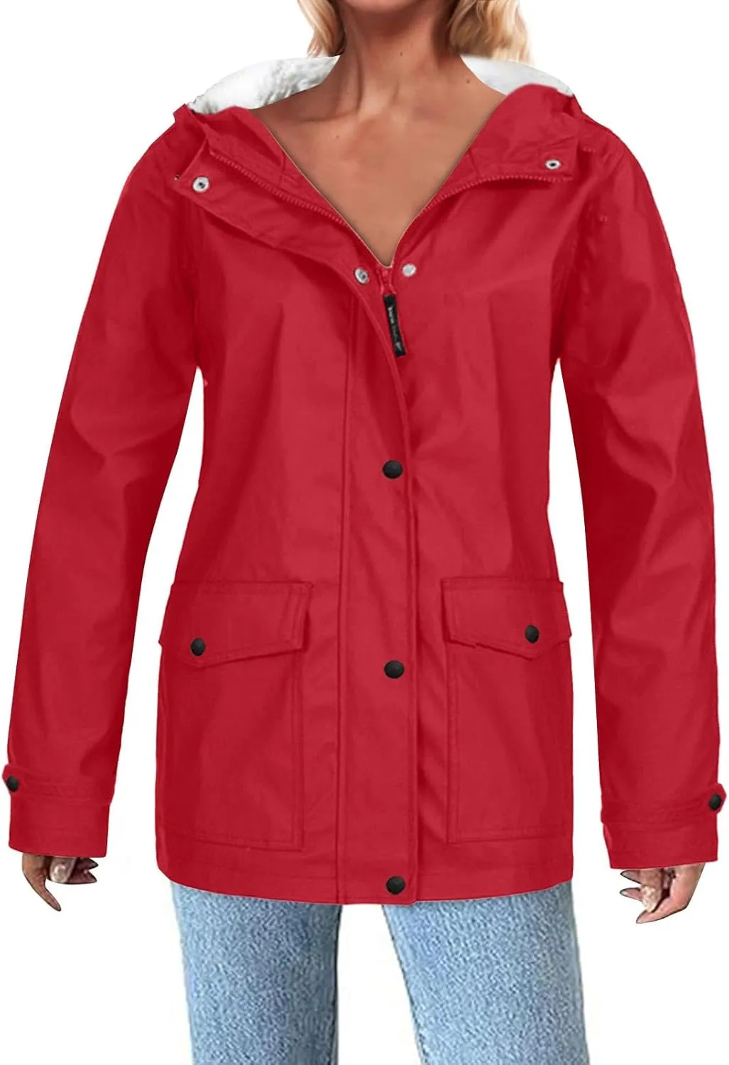 Lmdudan 2024 Trendy Waterproof Rain Jacket for Women Lightweight Zip Up Long Hooded Raincoat Outdoor Fleece Lined Trench Coat