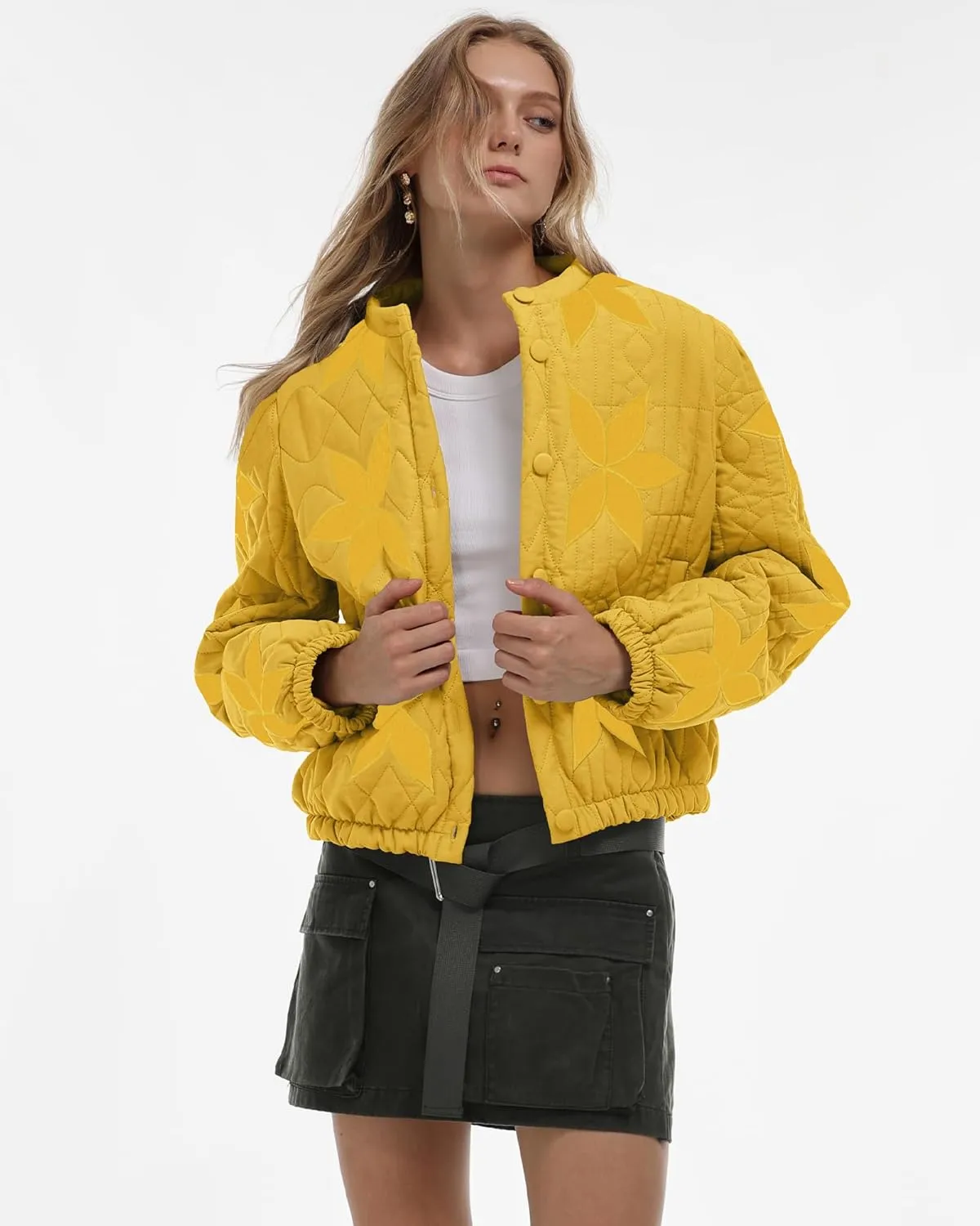 Locachy Women's Casual Cropped Puffer Jacket Lightweight Flower Embroidery Winter Warm Quilted Jacket Coat with Pockets