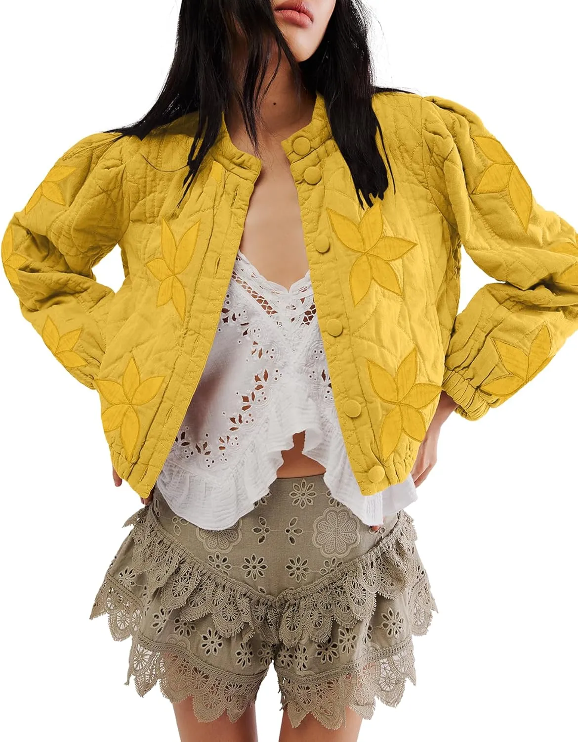 Locachy Women's Casual Cropped Puffer Jacket Lightweight Flower Embroidery Winter Warm Quilted Jacket Coat with Pockets