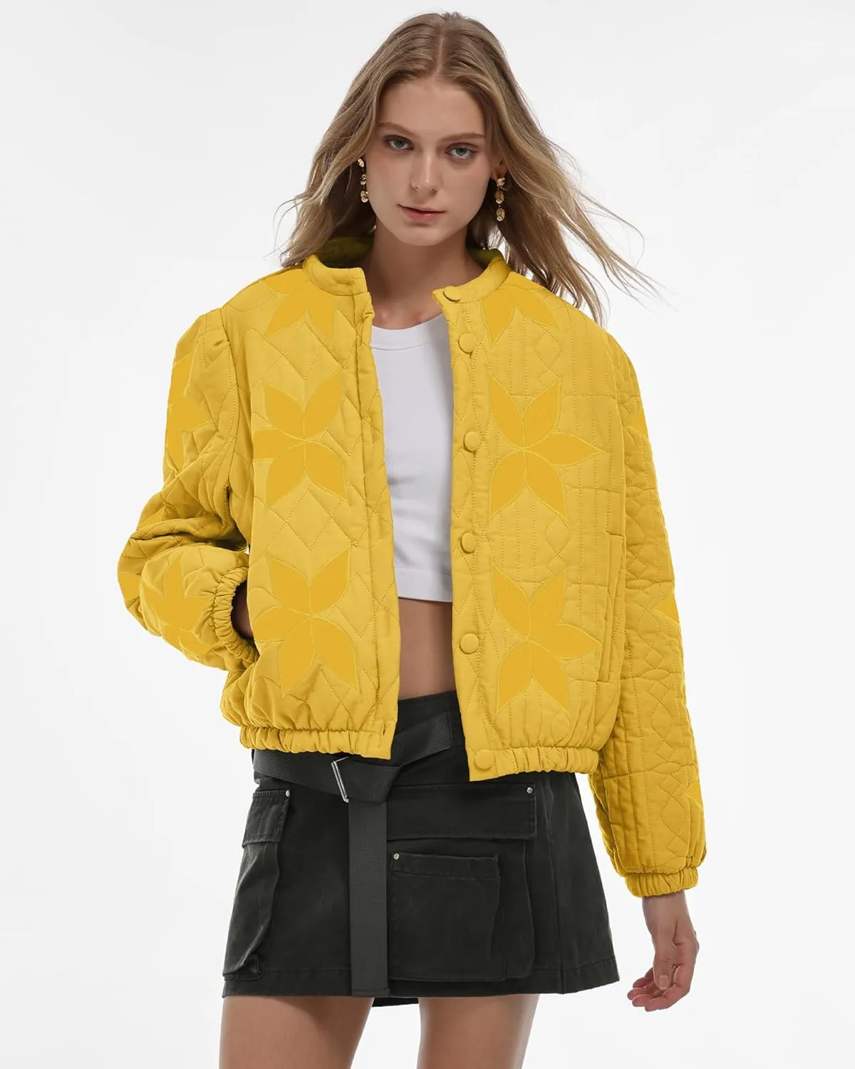 Locachy Women's Casual Cropped Puffer Jacket Lightweight Flower Embroidery Winter Warm Quilted Jacket Coat with Pockets