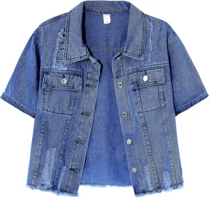 Locachy Women's Summer Short Sleeve Denim Jacket Casual Lapel Button Down Cropped Trucker Jean Jackets Coats