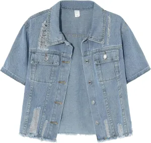 Locachy Women's Summer Short Sleeve Denim Jacket Casual Lapel Button Down Cropped Trucker Jean Jackets Coats