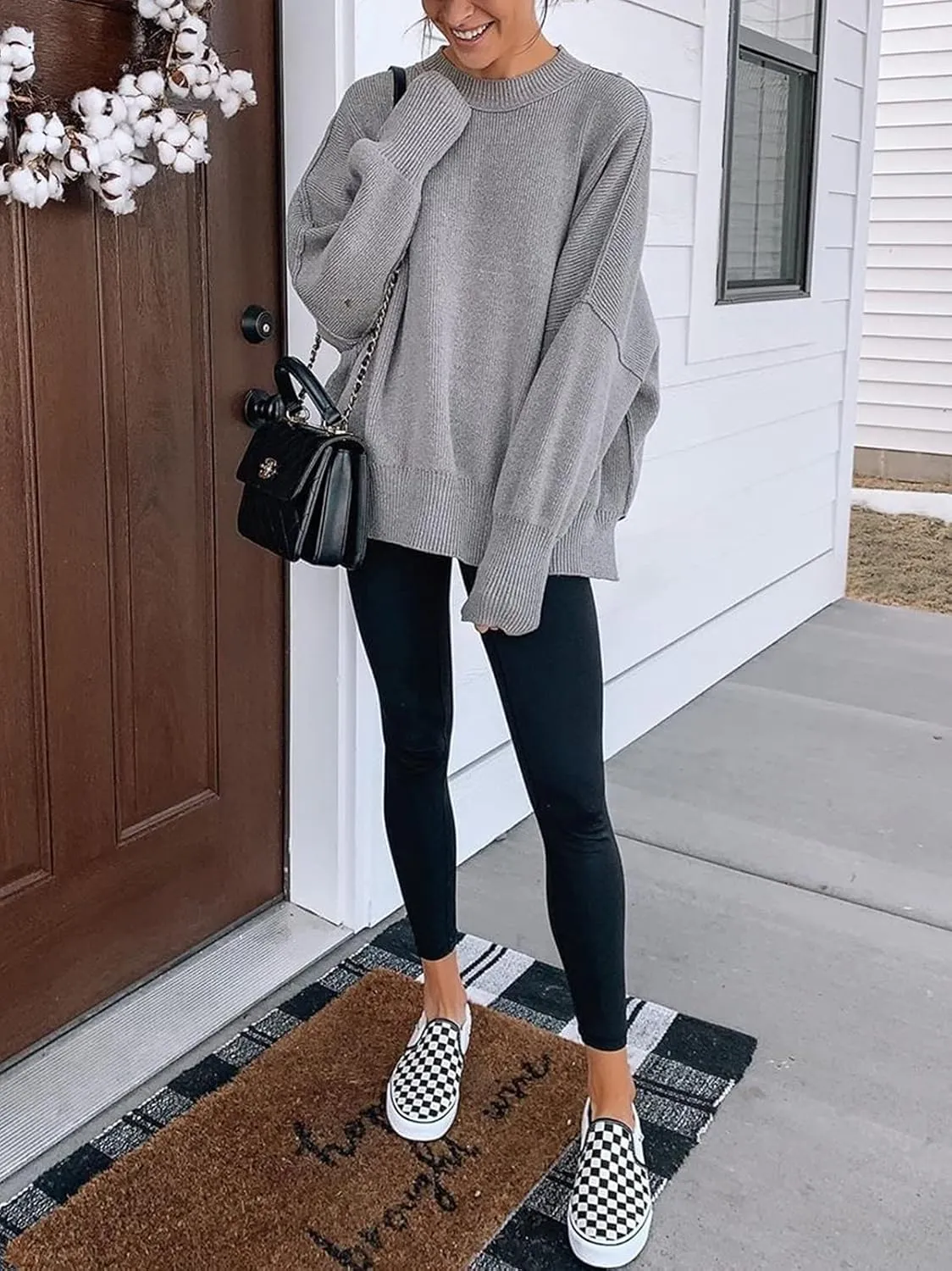 LOGENE Women's Oversized Batwing Long Sleeve Crewneck Side Slit Ribbed Knit Pullover Sweater Tops