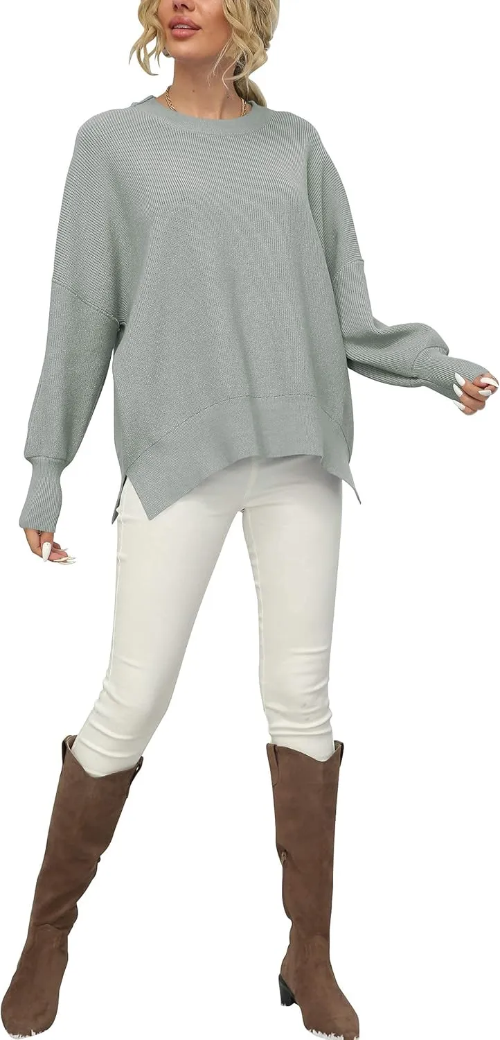 LOGENE Women's Oversized Batwing Long Sleeve Crewneck Side Slit Ribbed Knit Pullover Sweater Tops