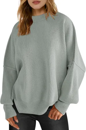 LOGENE Women's Oversized Batwing Long Sleeve Crewneck Side Slit Ribbed Knit Pullover Sweater Tops