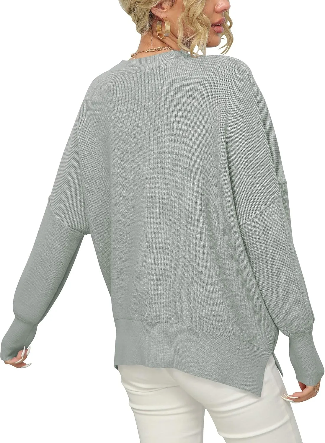 LOGENE Women's Oversized Batwing Long Sleeve Crewneck Side Slit Ribbed Knit Pullover Sweater Tops