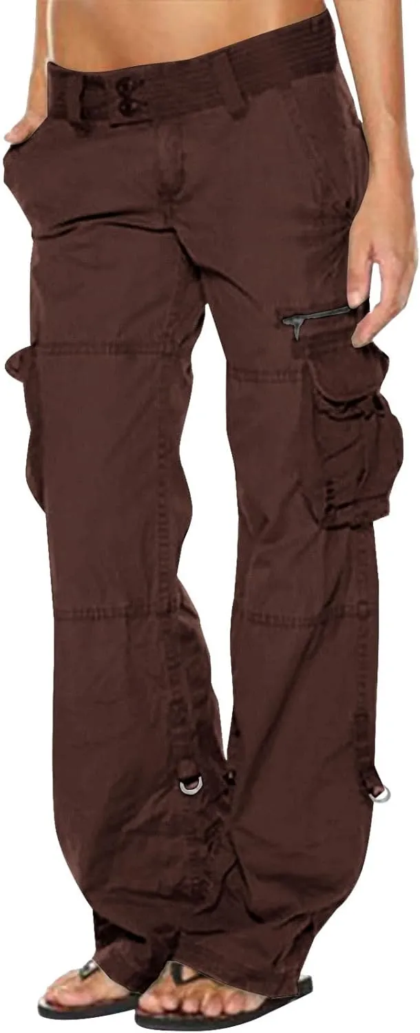 Low Rise Cargo Pants for Women Straight Wide Leg Combat Military Trousers Casual Comfy Workout Pants with Pockets