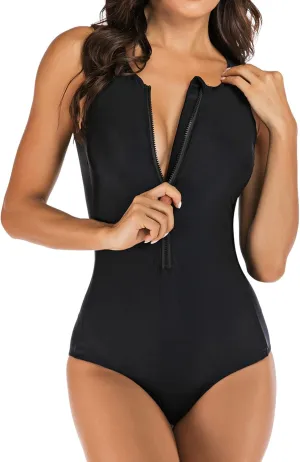 Lu's Chic Women's Rash Guard Zip Wetsuit Long Torso Swimsuit Surf Swimwear One Piece Sleeveless