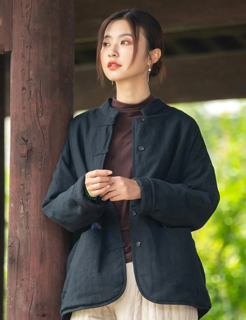 LUZU JUNU Women Short Quilted Jacket Coat Fall Winter Lightweight Button Down Cotton Padded Outwear Coat