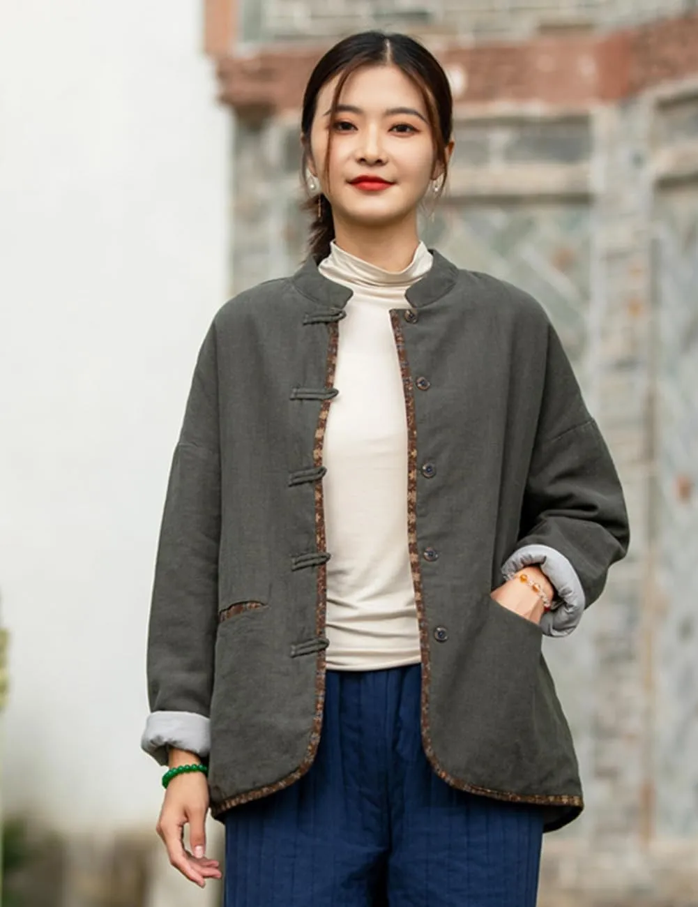 LUZU JUNU Women Short Quilted Jacket Coat Fall Winter Lightweight Button Down Cotton Padded Outwear Coat
