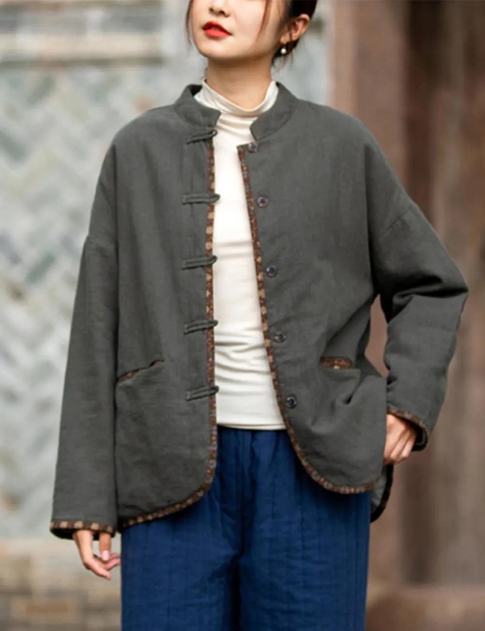 LUZU JUNU Women Short Quilted Jacket Coat Fall Winter Lightweight Button Down Cotton Padded Outwear Coat