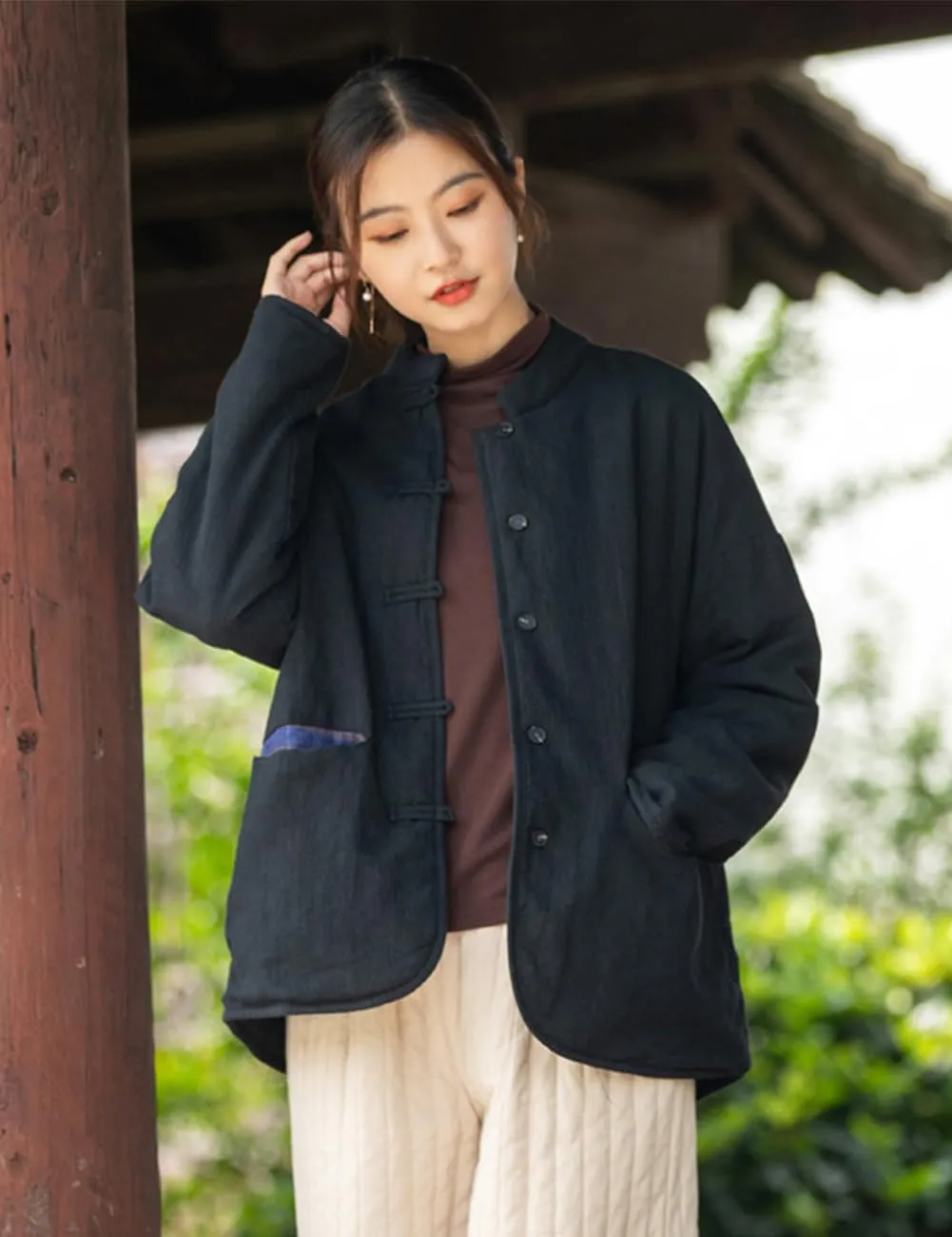 LUZU JUNU Women Short Quilted Jacket Coat Fall Winter Lightweight Button Down Cotton Padded Outwear Coat