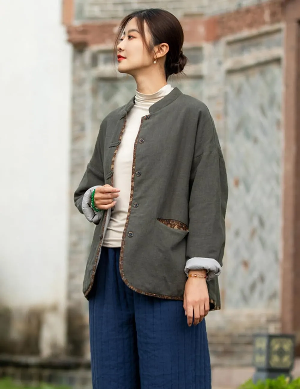 LUZU JUNU Women Short Quilted Jacket Coat Fall Winter Lightweight Button Down Cotton Padded Outwear Coat
