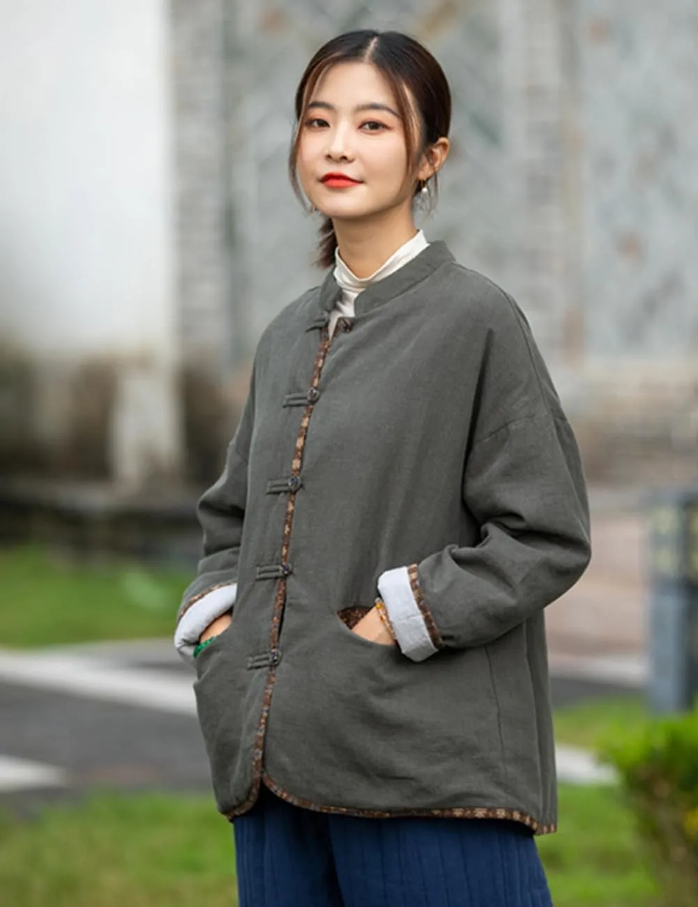 LUZU JUNU Women Short Quilted Jacket Coat Fall Winter Lightweight Button Down Cotton Padded Outwear Coat