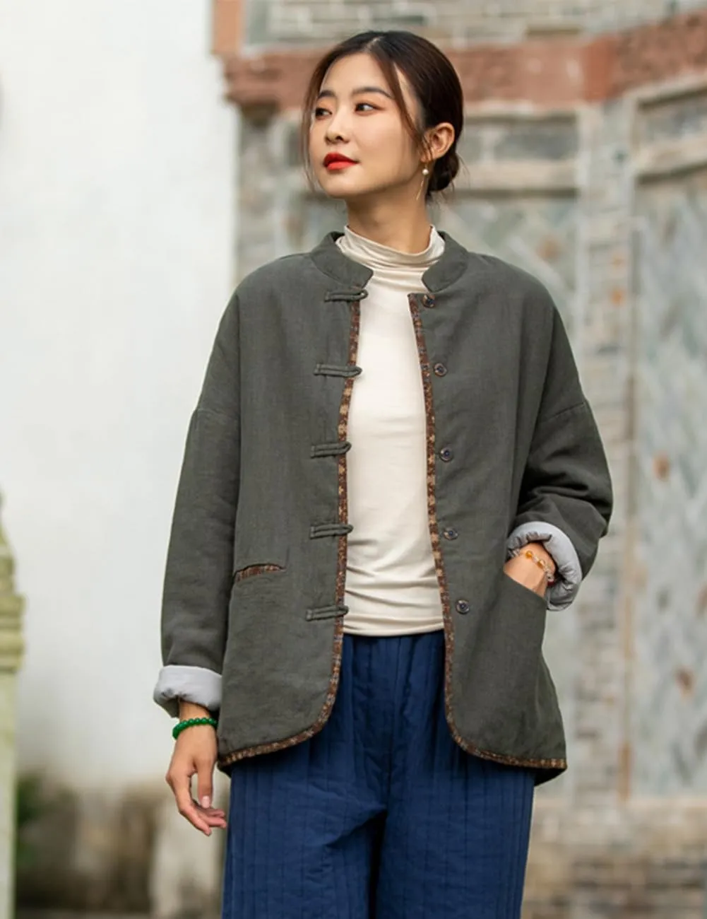 LUZU JUNU Women Short Quilted Jacket Coat Fall Winter Lightweight Button Down Cotton Padded Outwear Coat
