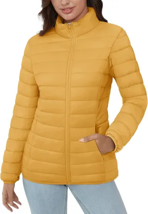 MAGCOMSEN Women's Puffer Jacket Lightweight Quilted Padded 4 Pockets Zip-up Stand-collar Winter Fleece Coat