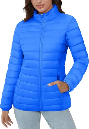 MAGCOMSEN Women's Puffer Jacket Lightweight Quilted Padded 4 Pockets Zip-up Stand-collar Winter Fleece Coat