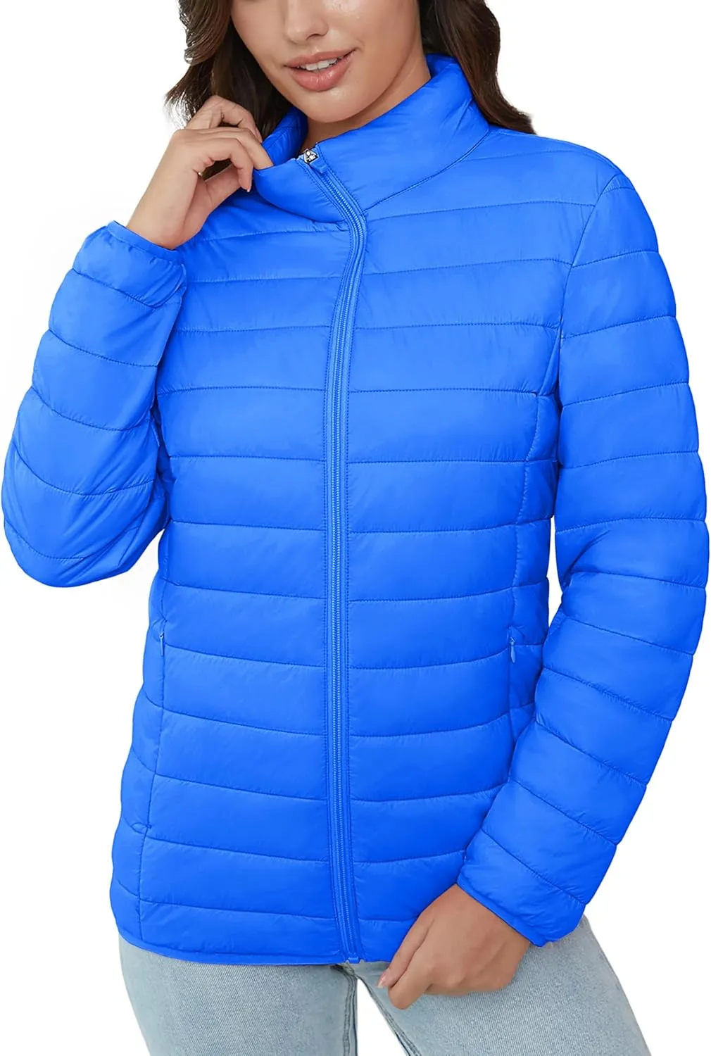 MAGCOMSEN Women's Puffer Jacket Lightweight Quilted Padded 4 Pockets Zip-up Stand-collar Winter Fleece Coat