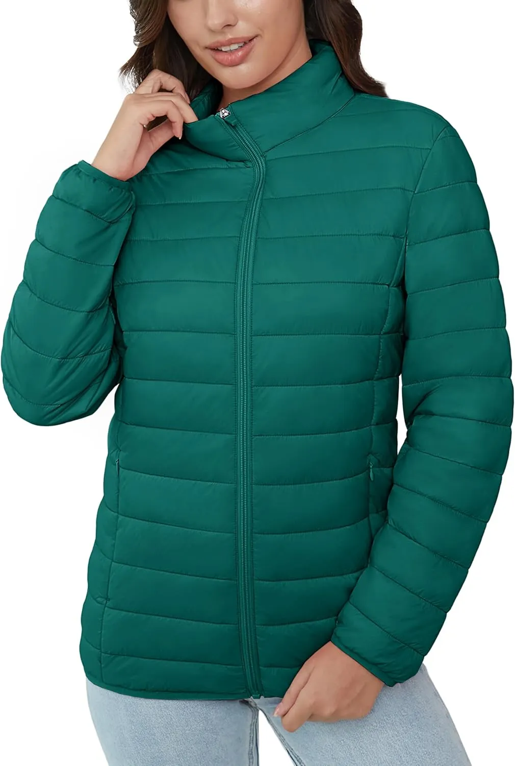 MAGCOMSEN Women's Puffer Jacket Lightweight Quilted Padded 4 Pockets Zip-up Stand-collar Winter Fleece Coat