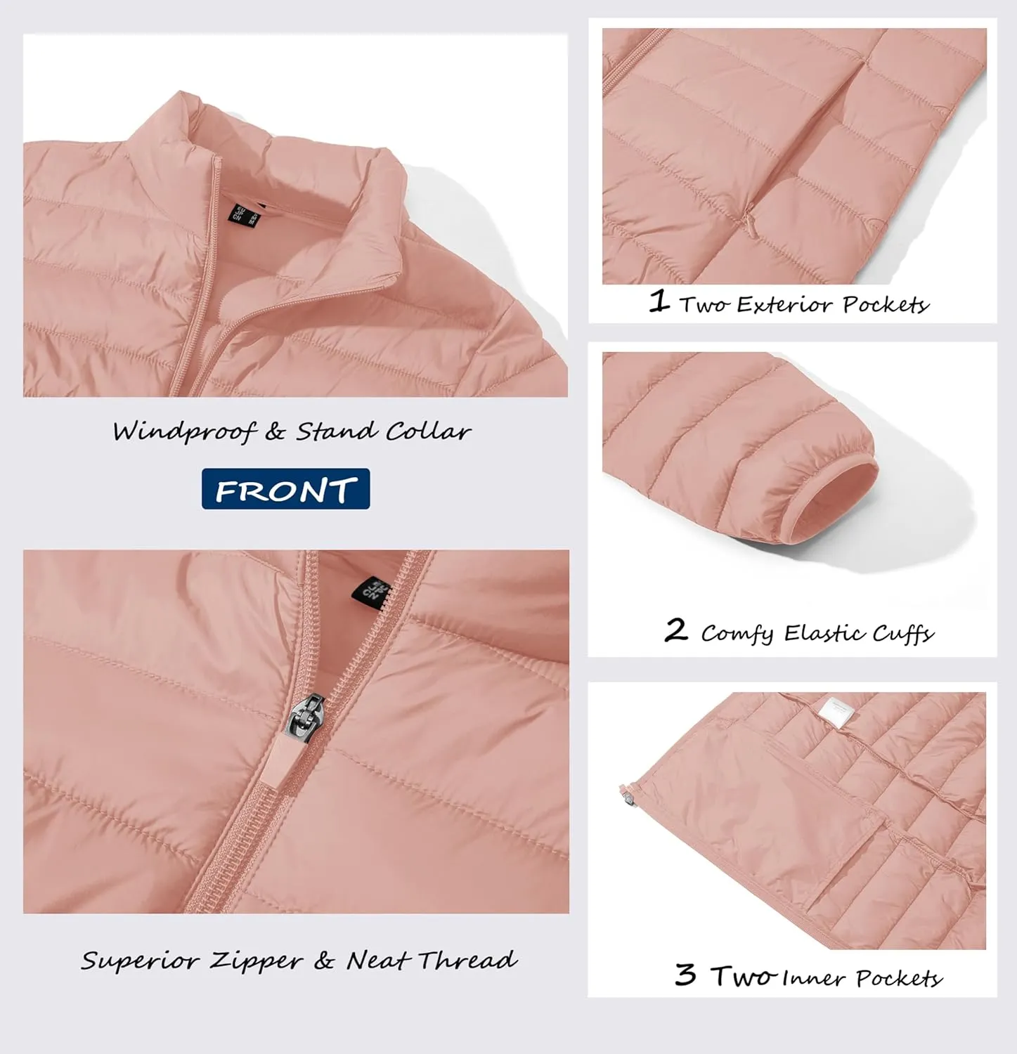 MAGCOMSEN Women's Puffer Jacket Lightweight Quilted Padded 4 Pockets Zip-up Stand-collar Winter Fleece Coat