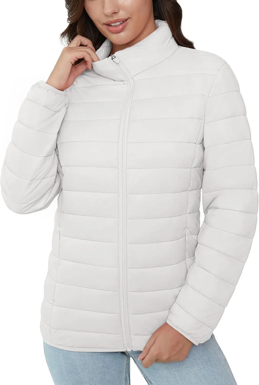 MAGCOMSEN Women's Puffer Jacket Lightweight Quilted Padded 4 Pockets Zip-up Stand-collar Winter Fleece Coat